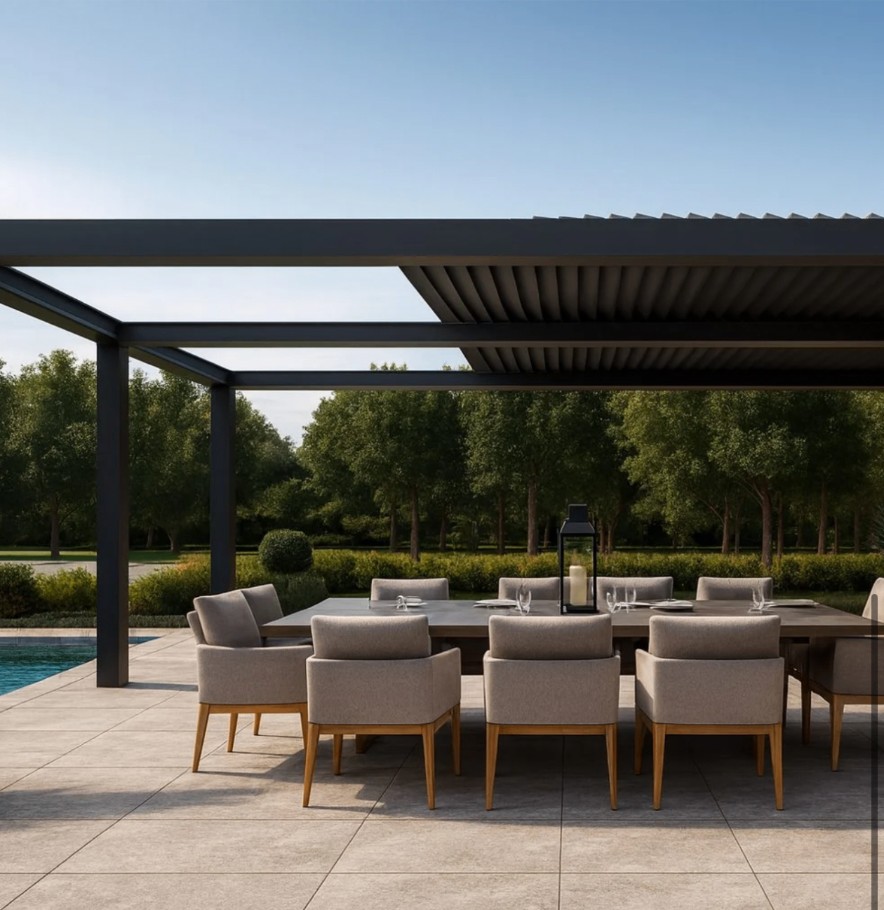 Charcoal louvered pergola over a poolside dining setting