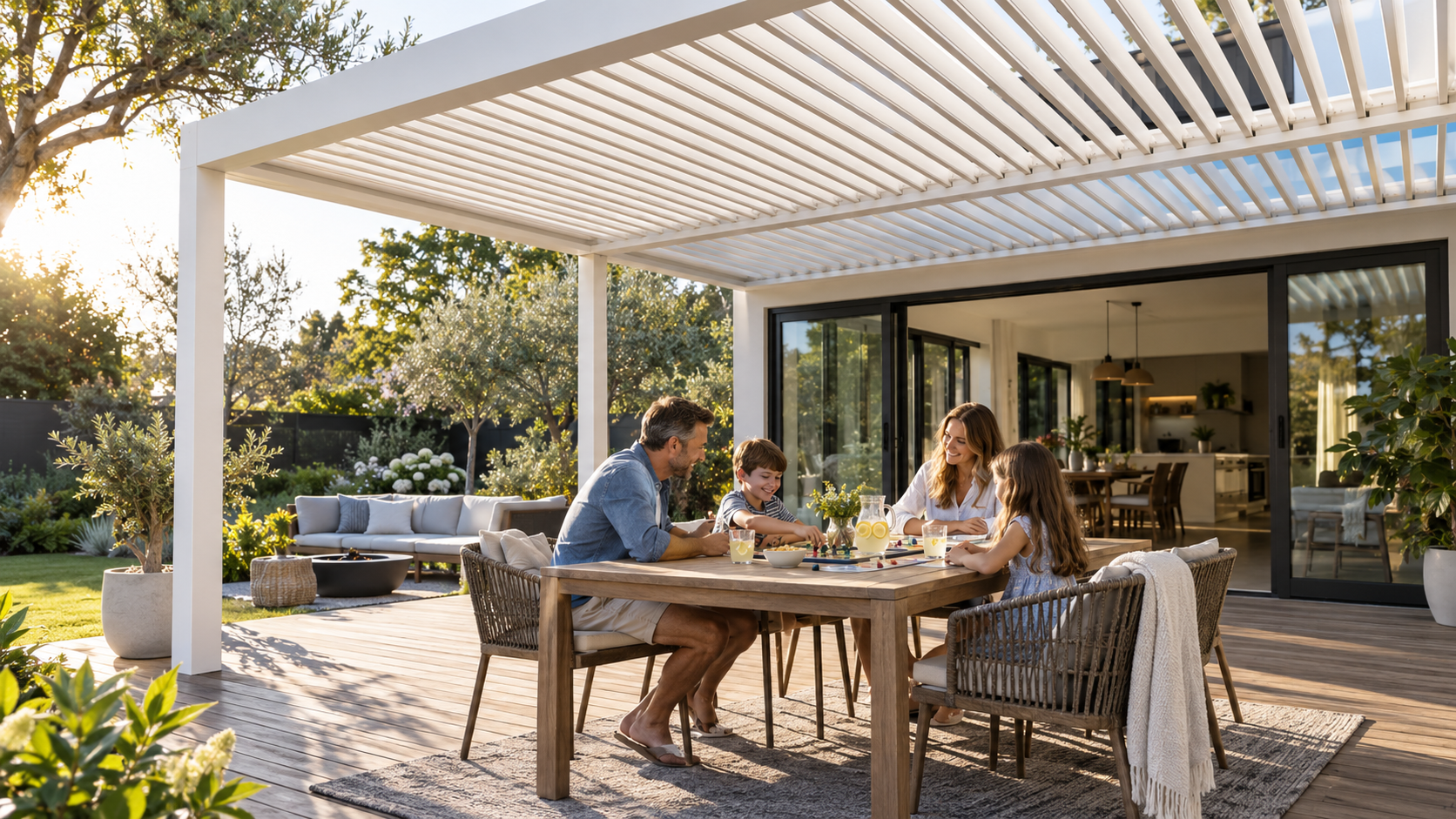 Family sharing a meal beneath a white louvered pergola