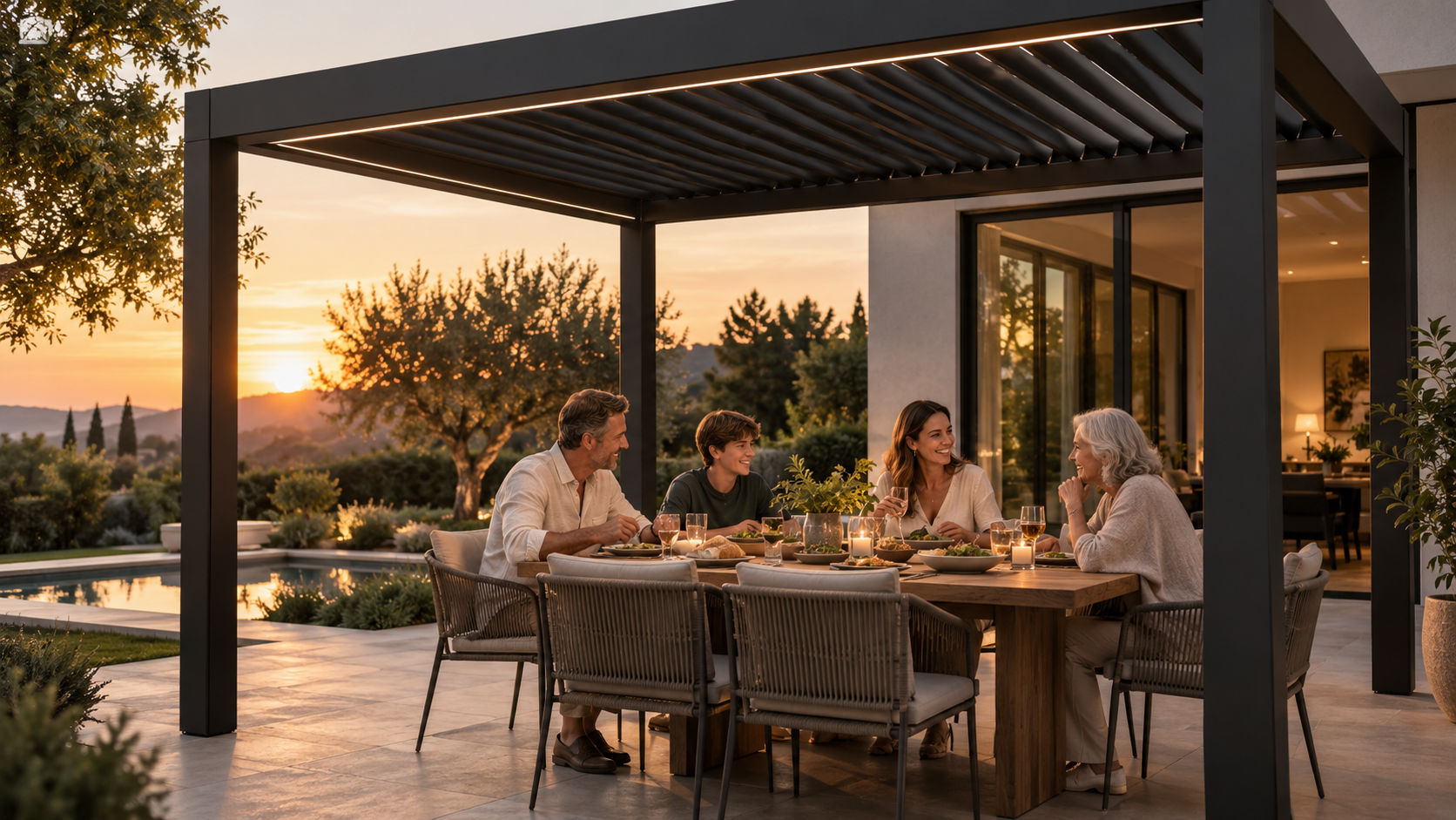 Family dining beneath a dark louvered pergola at sunset
